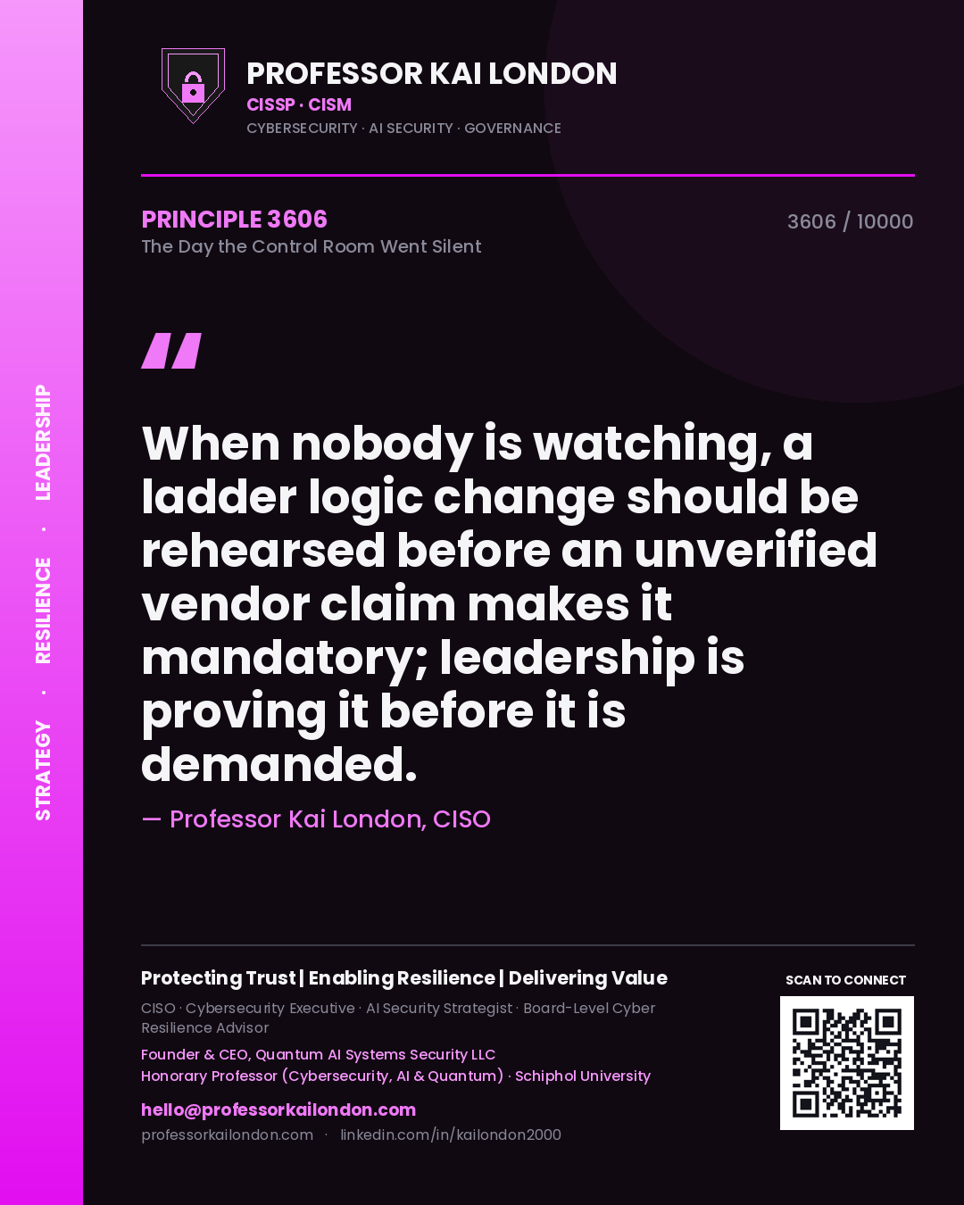 Quote card by Professor Kai London reading 'When nobody is watching, a ladder logic change should be rehearsed before an unverified vendor claim makes it mandatory; leadership is proving it before it is demanded.'. From the book The Day the Control Room Went Silent.