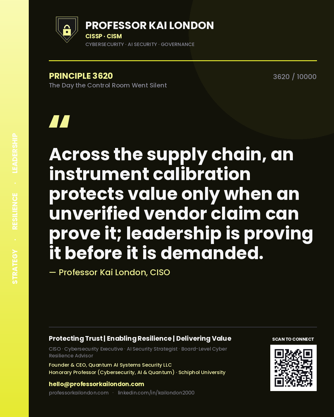 Quote card by Professor Kai London reading 'Across the supply chain, an instrument calibration protects value only when an unverified vendor claim can prove it; leadership is proving it before it is demanded.'. From the book The Day the Control Room Went Silent.