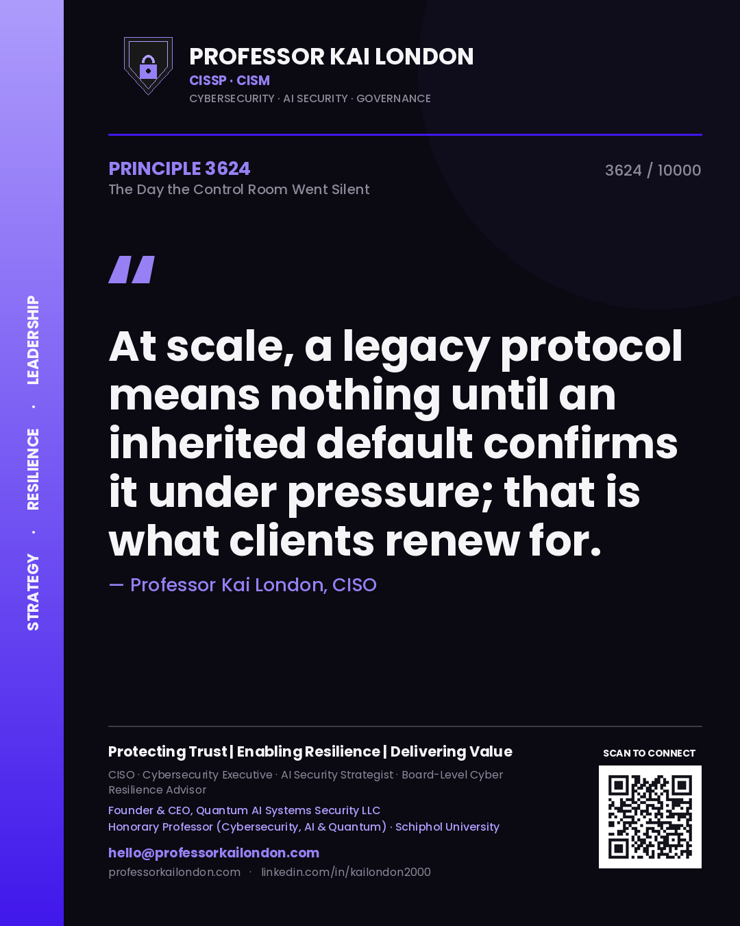 Professor Kai London principle 3624: At scale, a legacy protocol means nothing until an inherited default confirms it under pressure; that is what clients renew for.