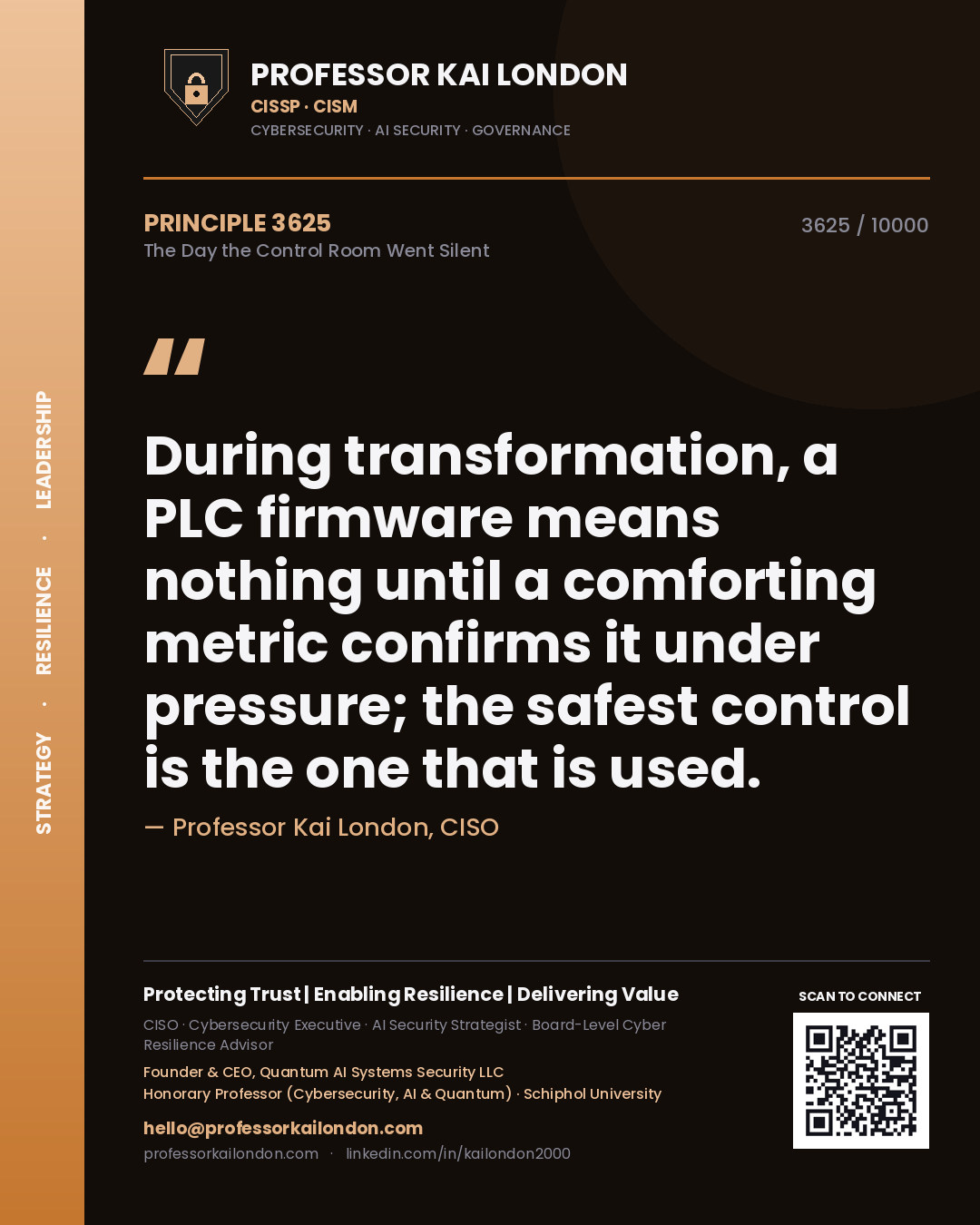 Professor Kai London principle 3625: During transformation, a PLC firmware means nothing until a comforting metric confirms it under pressure; the safest control is the one that is used.