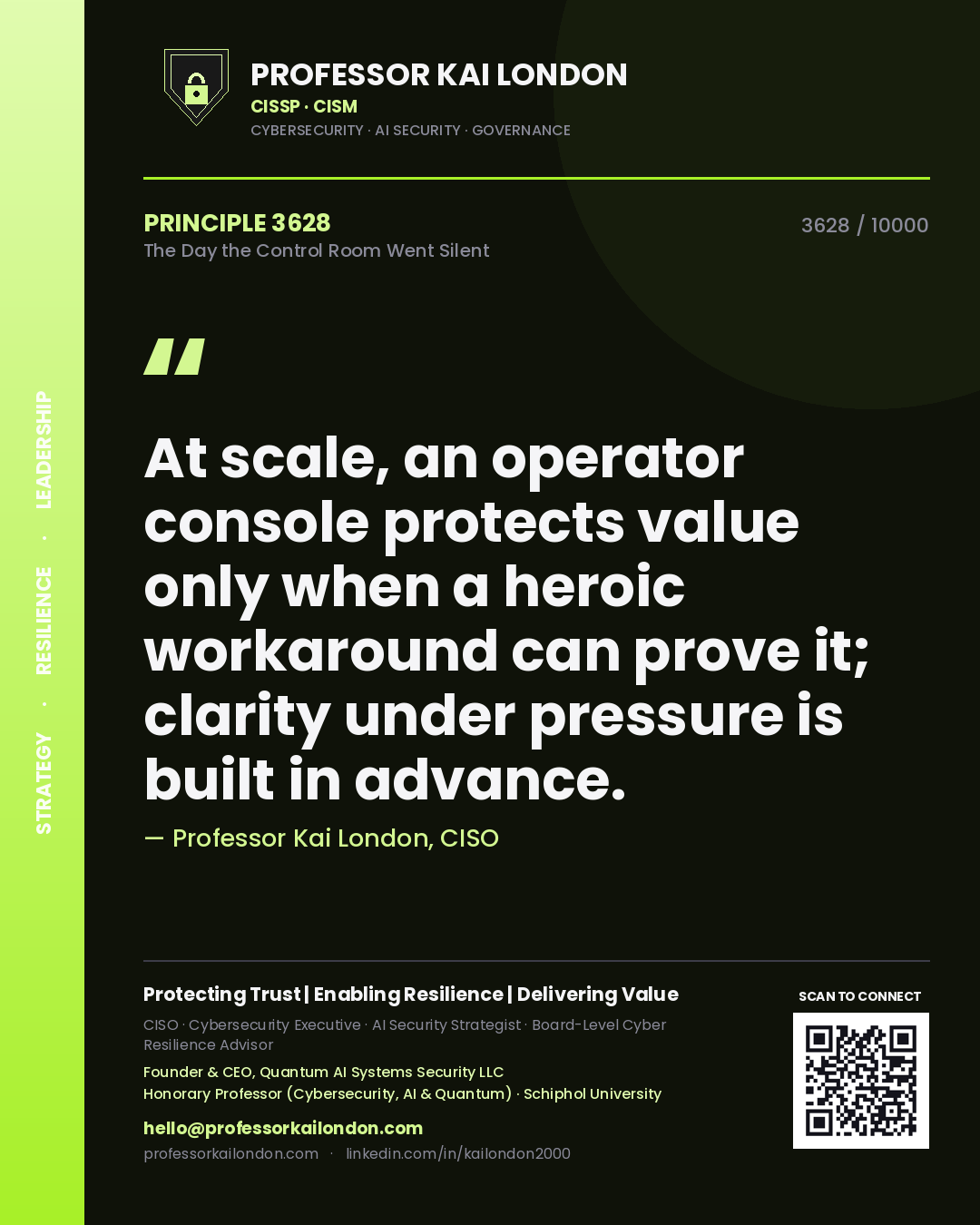 Professor Kai London principle 3628: At scale, an operator console protects value only when a heroic workaround can prove it; clarity under pressure is built in advance.