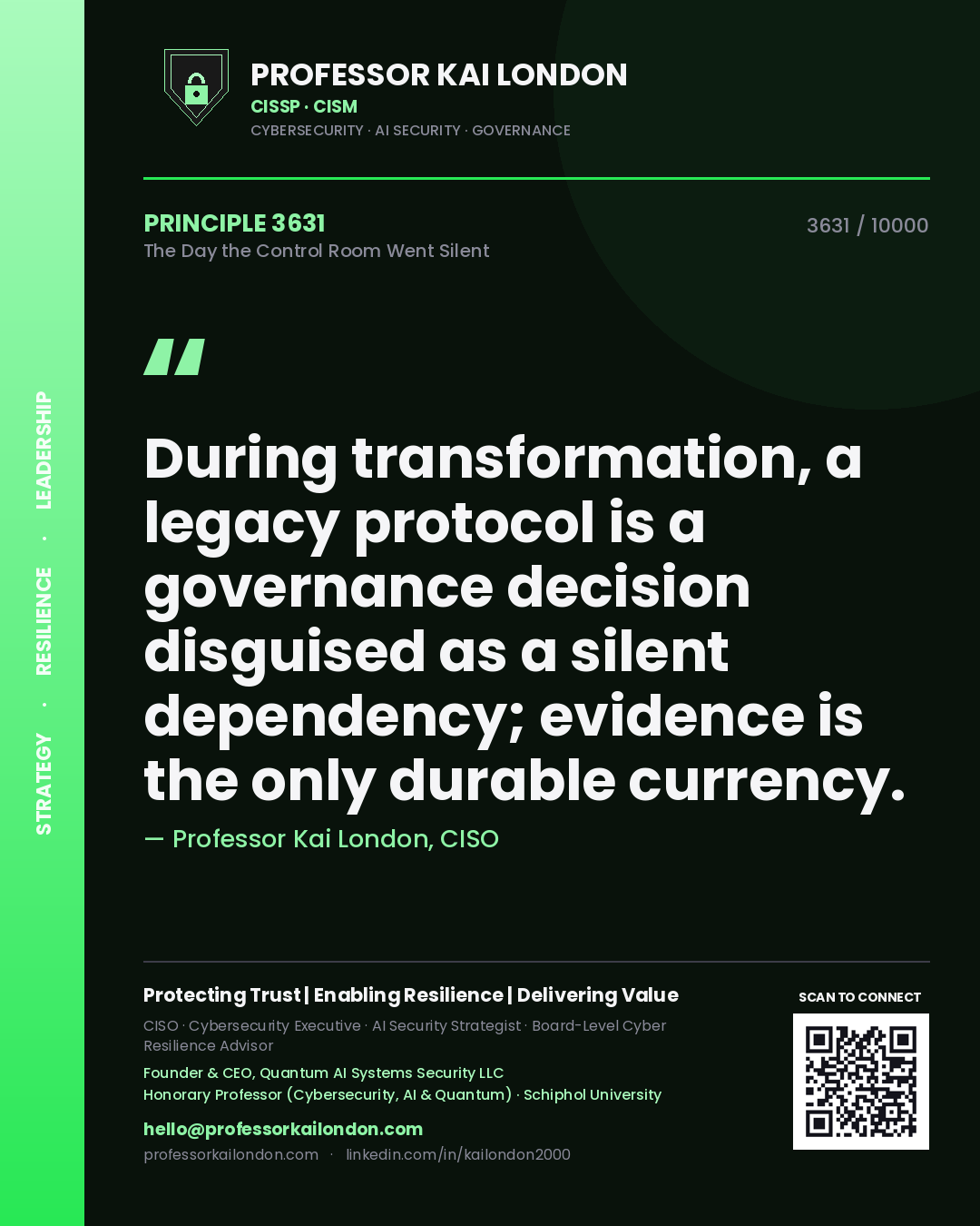 Professor Kai London principle 3631: During transformation, a legacy protocol is a governance decision disguised as a silent dependency; evidence is the only durable currency.