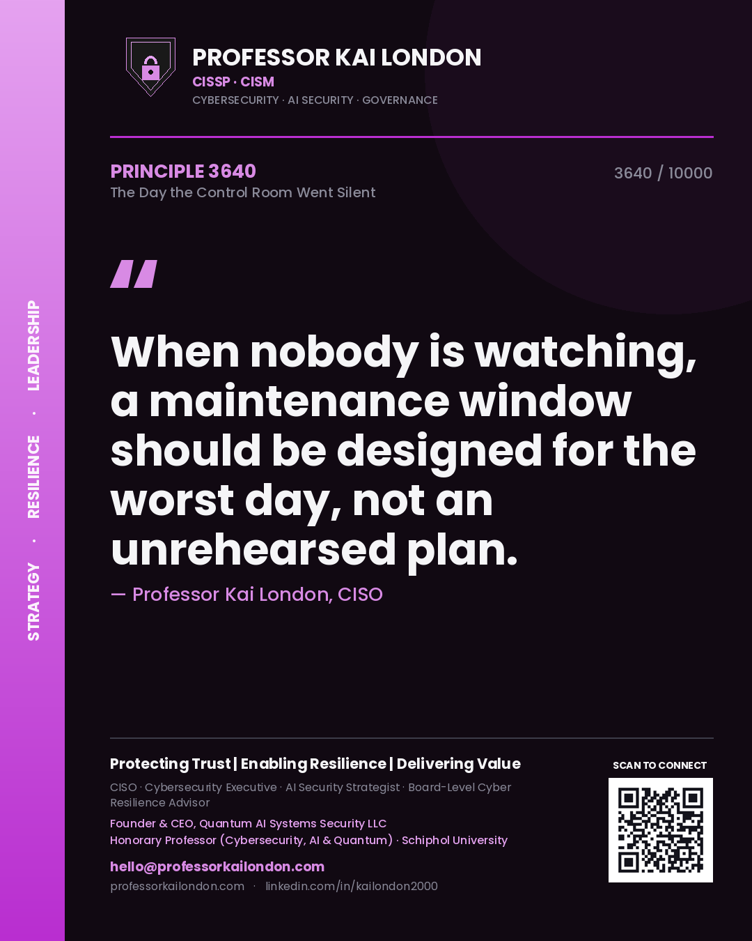 Quote card by Professor Kai London reading 'When nobody is watching, a maintenance window should be designed for the worst day, not an unrehearsed plan.'. From the book The Day the Control Room Went Silent.