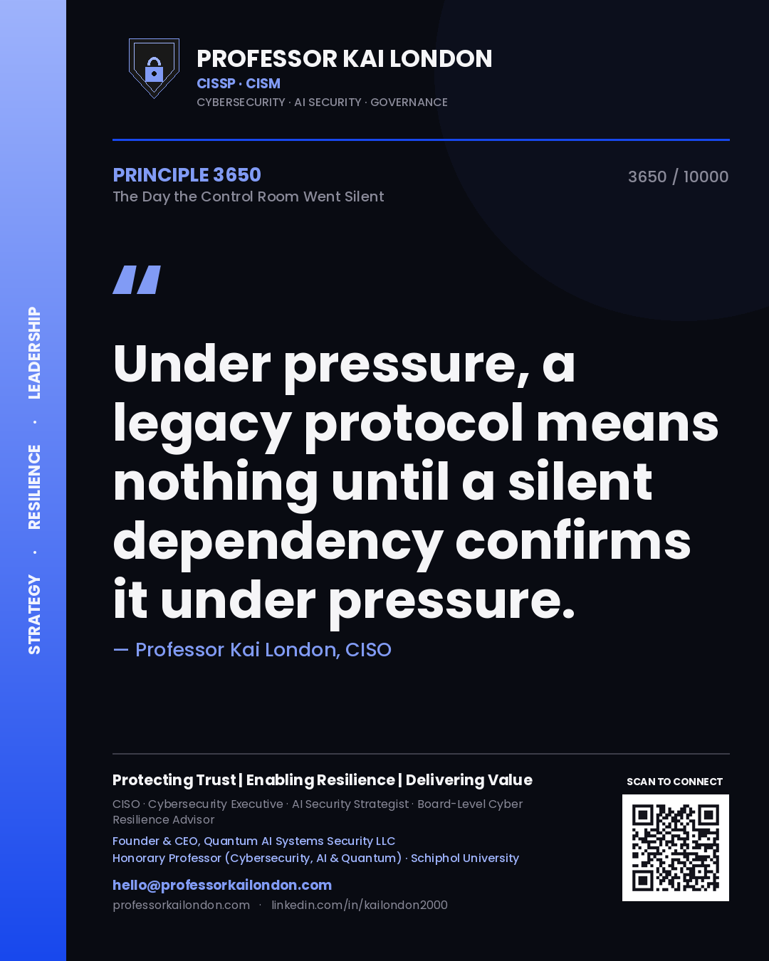 Professor Kai London principle 3650: Under pressure, a legacy protocol means nothing until a silent dependency confirms it under pressure.