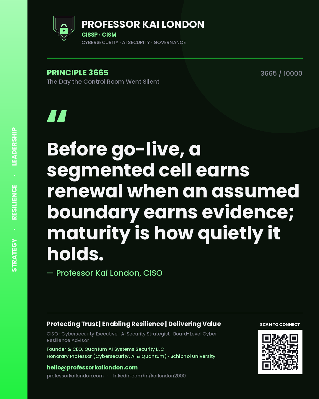 Professor Kai London principle 3665: Before go-live, a segmented cell earns renewal when an assumed boundary earns evidence; maturity is how quietly it holds.