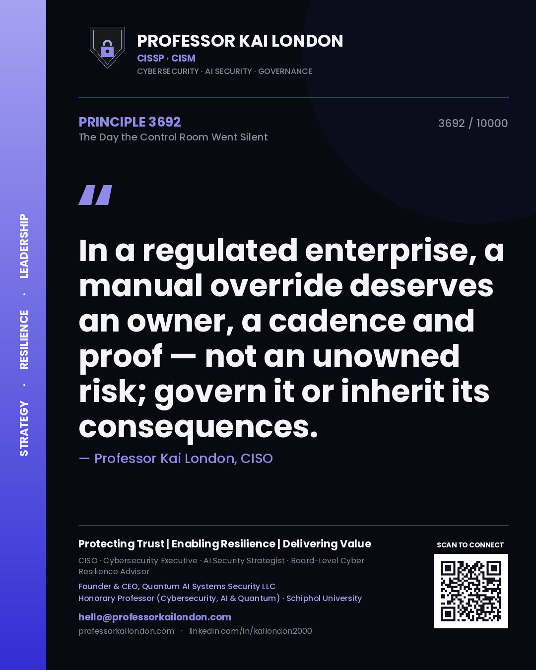Professor Kai London principle 3692: In a regulated enterprise, a manual override deserves an owner, a cadence and proof — not an unowned risk; govern it or inherit its consequences.