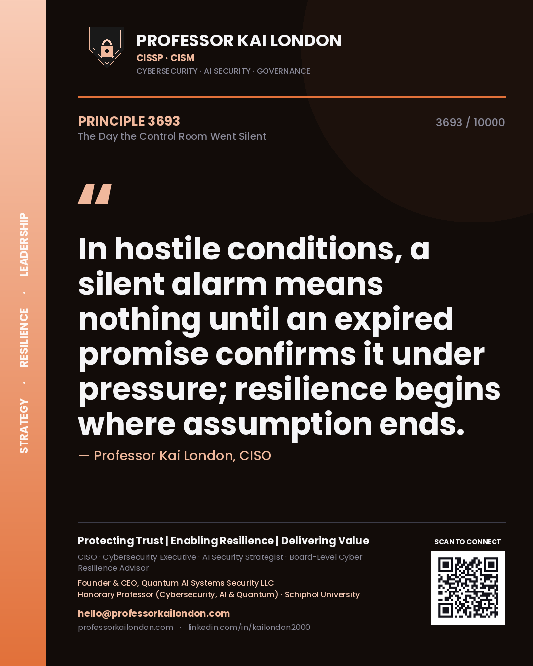 Quote card by Professor Kai London reading 'In hostile conditions, a silent alarm means nothing until an expired promise confirms it under pressure; resilience begins where assumption ends.'. From the book The Day the Control Room Went Silent.