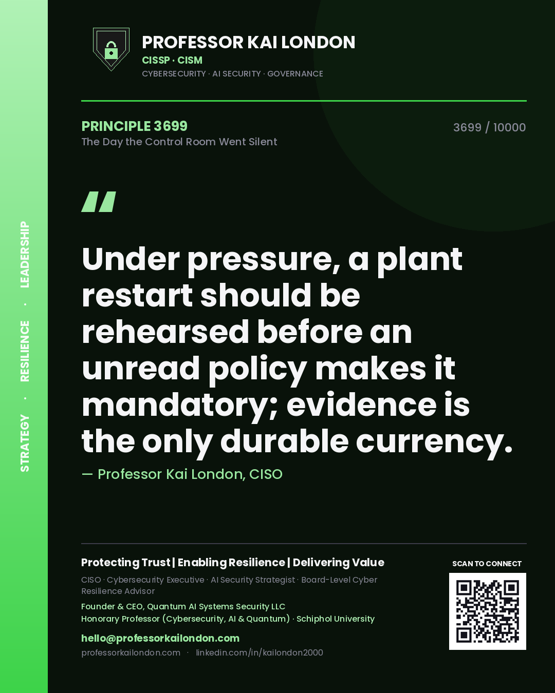 Quote card by Professor Kai London reading 'Under pressure, a plant restart should be rehearsed before an unread policy makes it mandatory; evidence is the only durable currency.'. From the book The Day the Control Room Went Silent.