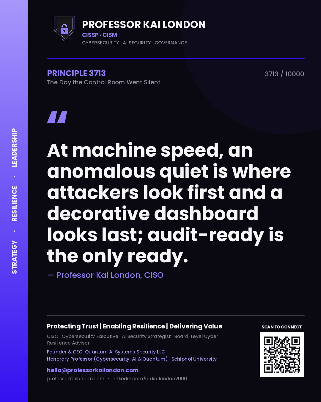 Quote card by Professor Kai London reading 'At machine speed, an anomalous quiet is where attackers look first and a decorative dashboard looks last; audit-ready is the only ready.'. From the book The Day the Control Room Went Silent.