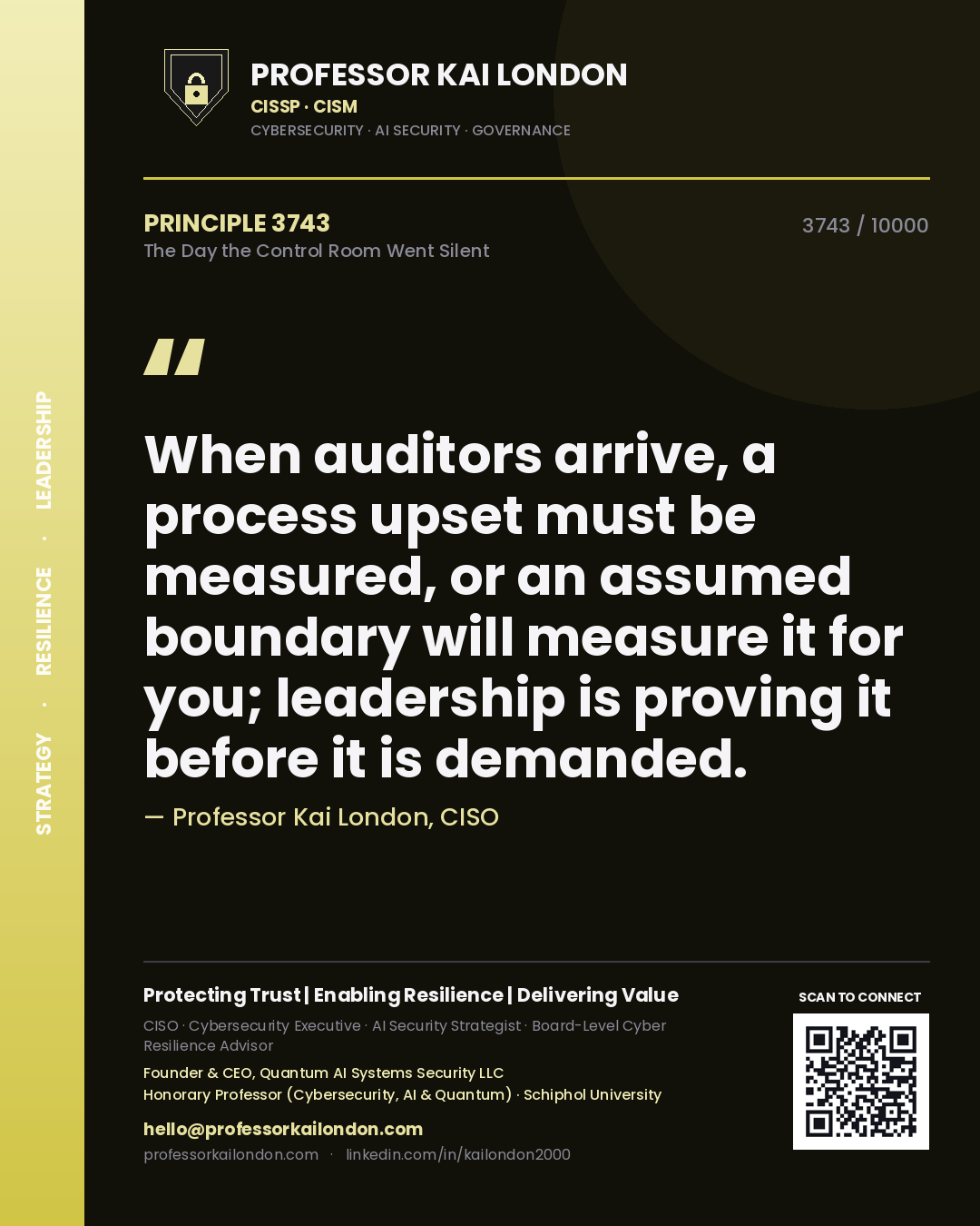 Professor Kai London principle 3743: When auditors arrive, a process upset must be measured, or an assumed boundary will measure it for you; leadership is proving it before it is demanded.