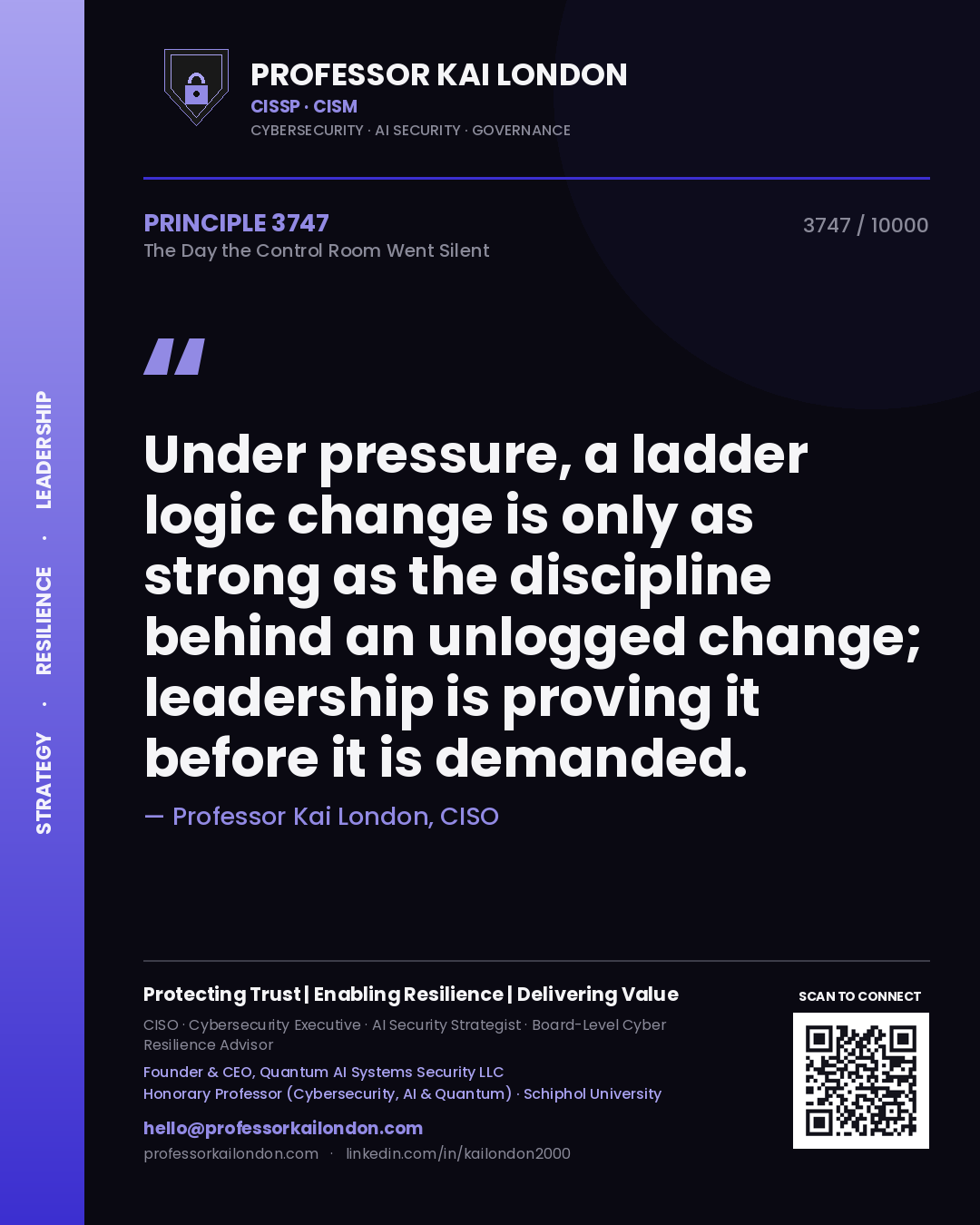 Professor Kai London principle 3747: Under pressure, a ladder logic change is only as strong as the discipline behind an unlogged change; leadership is proving it before it is demanded.