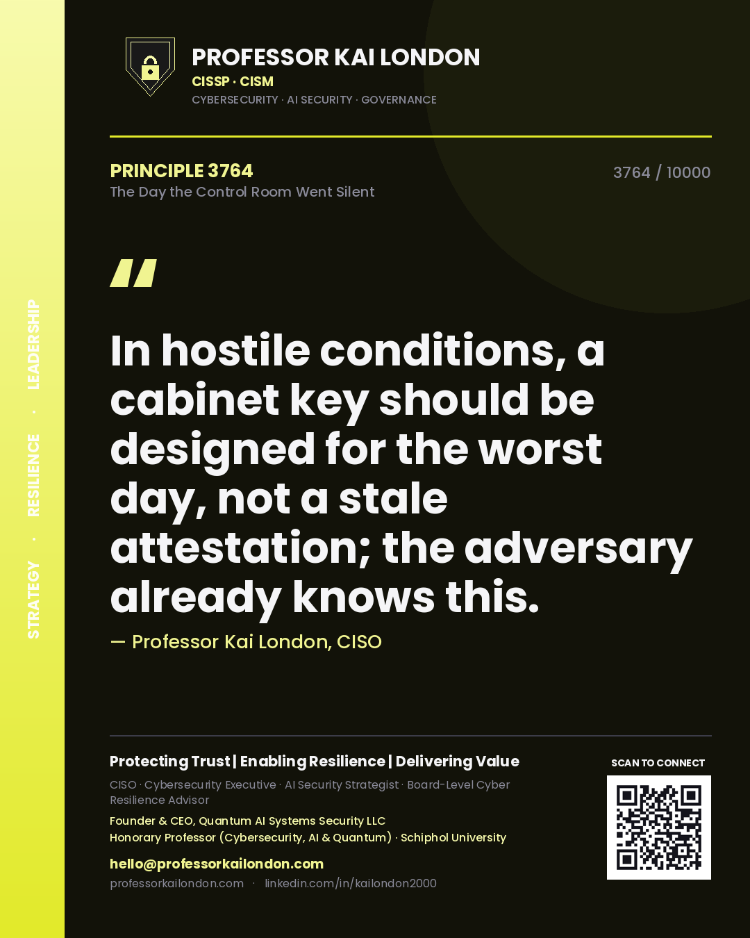 Quote card by Professor Kai London reading 'In hostile conditions, a cabinet key should be designed for the worst day, not a stale attestation; the adversary already knows this.'. From the book The Day the Control Room Went Silent.