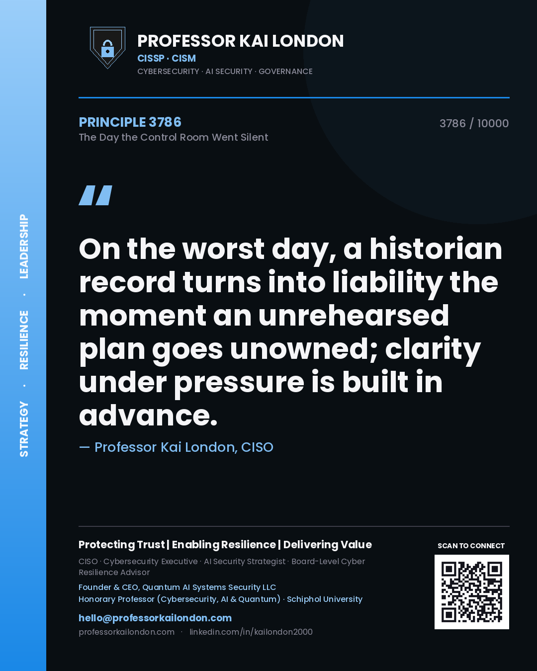 Quote card by Professor Kai London reading 'On the worst day, a historian record turns into liability the moment an unrehearsed plan goes unowned; clarity under pressure is built in advance.'. From the book The Day the Control Room Went Silent.