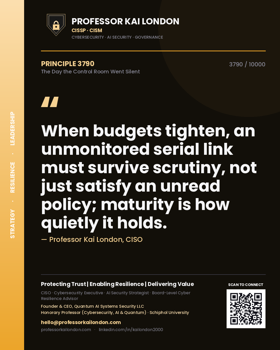 Professor Kai London principle 3790: When budgets tighten, an unmonitored serial link must survive scrutiny, not just satisfy an unread policy; maturity is how quietly it holds.
