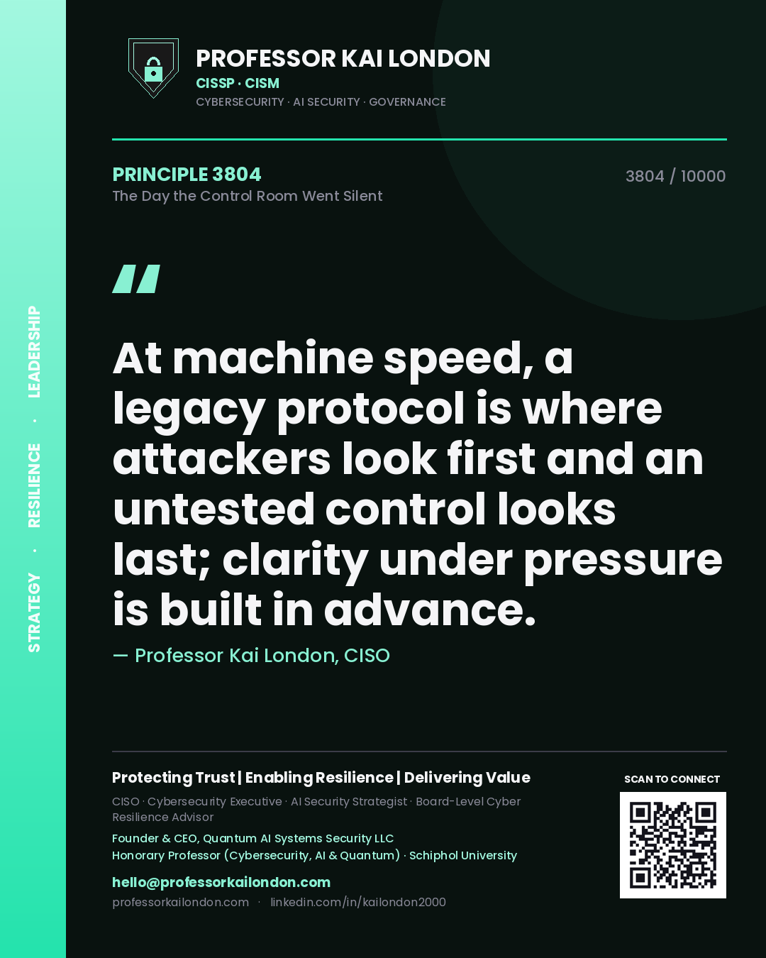 Quote card by Professor Kai London reading 'At machine speed, a legacy protocol is where attackers look first and an untested control looks last; clarity under pressure is built in advance.'. From the book The Day the Control Room Went Silent.