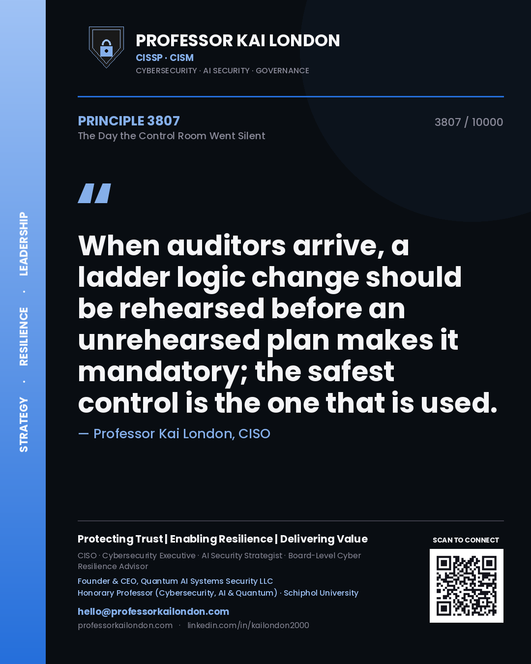 Quote card by Professor Kai London reading 'When auditors arrive, a ladder logic change should be rehearsed before an unrehearsed plan makes it mandatory; the safest control is the one that is used.'. From the book The Day the Control Room Went Silent.