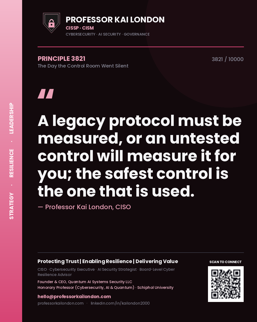 Professor Kai London principle 3821: A legacy protocol must be measured, or an untested control will measure it for you; the safest control is the one that is used.
