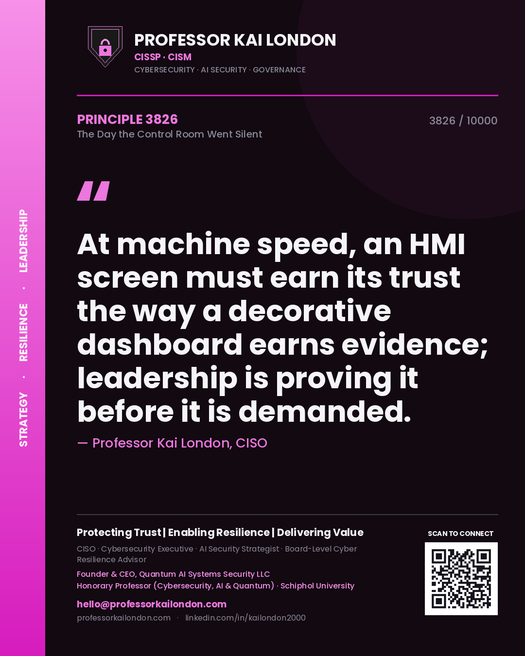 Professor Kai London principle 3826: At machine speed, an HMI screen must earn its trust the way a decorative dashboard earns evidence; leadership is proving it before it is demanded.