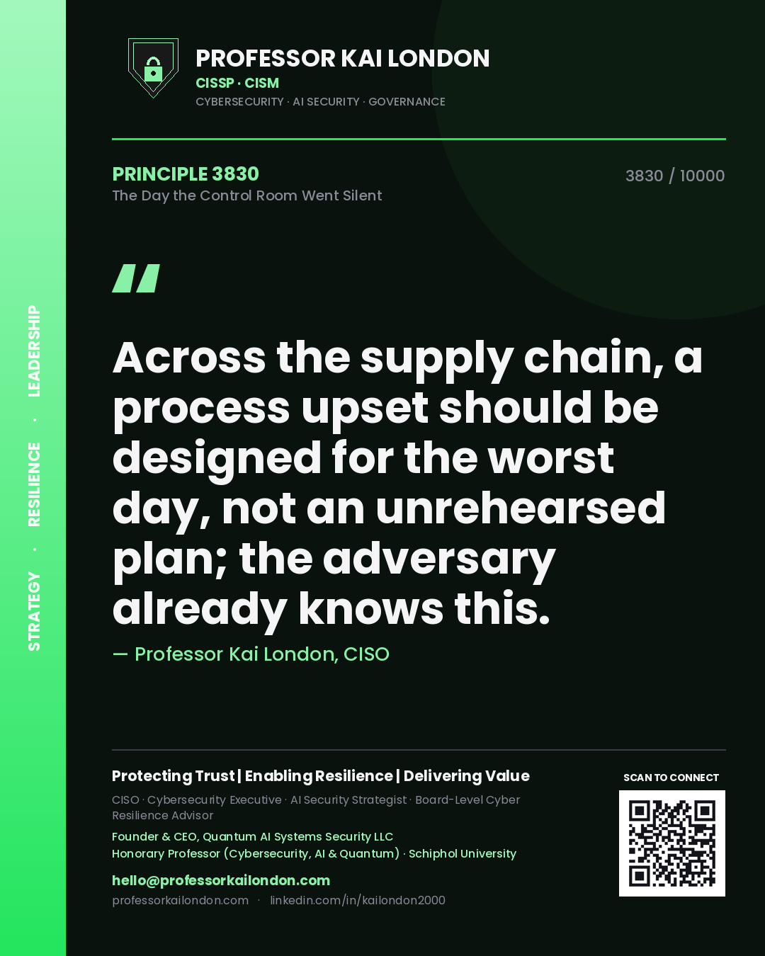 Quote card by Professor Kai London reading 'Across the supply chain, a process upset should be designed for the worst day, not an unrehearsed plan; the adversary already knows this.'. From the book The Day the Control Room Went Silent.