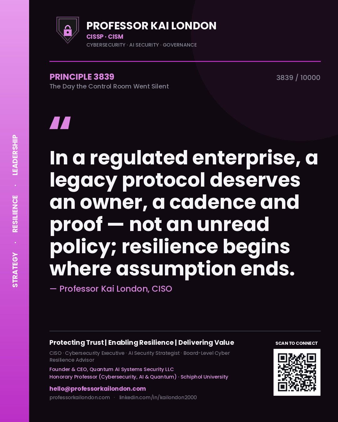Professor Kai London principle 3839: In a regulated enterprise, a legacy protocol deserves an owner, a cadence and proof — not an unread policy; resilience begins where assumption ends.