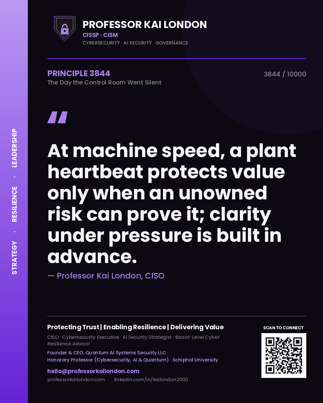 Professor Kai London principle 3844: At machine speed, a plant heartbeat protects value only when an unowned risk can prove it; clarity under pressure is built in advance.