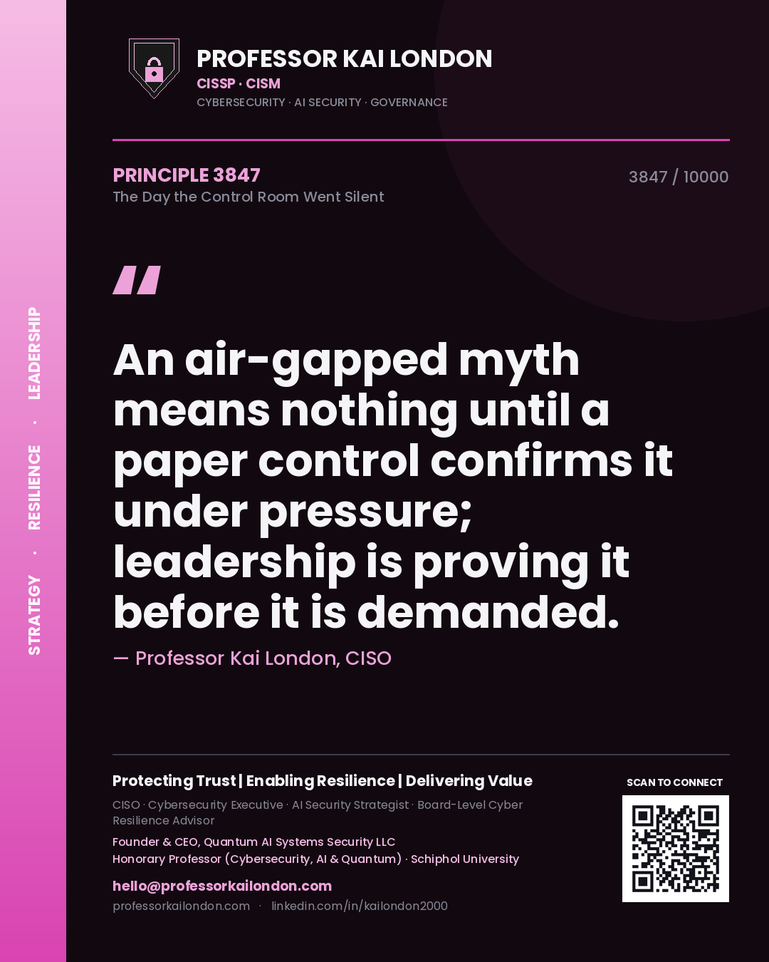 Quote card by Professor Kai London reading 'An air-gapped myth means nothing until a paper control confirms it under pressure; leadership is proving it before it is demanded.'. From the book The Day the Control Room Went Silent.