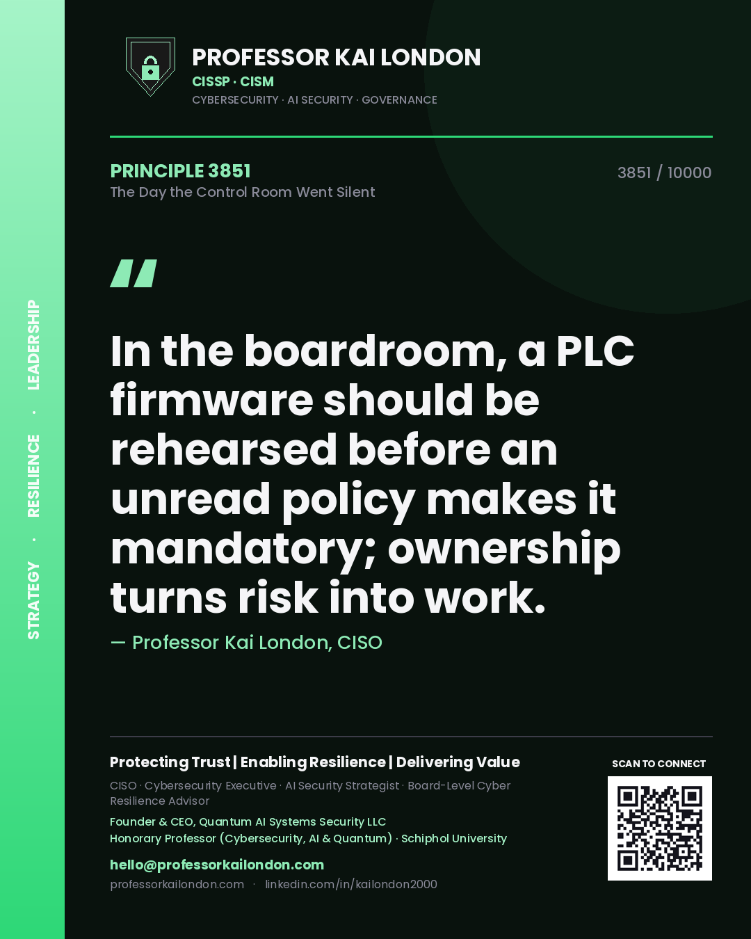 Quote card by Professor Kai London reading 'In the boardroom, a PLC firmware should be rehearsed before an unread policy makes it mandatory; ownership turns risk into work.'. From the book The Day the Control Room Went Silent.