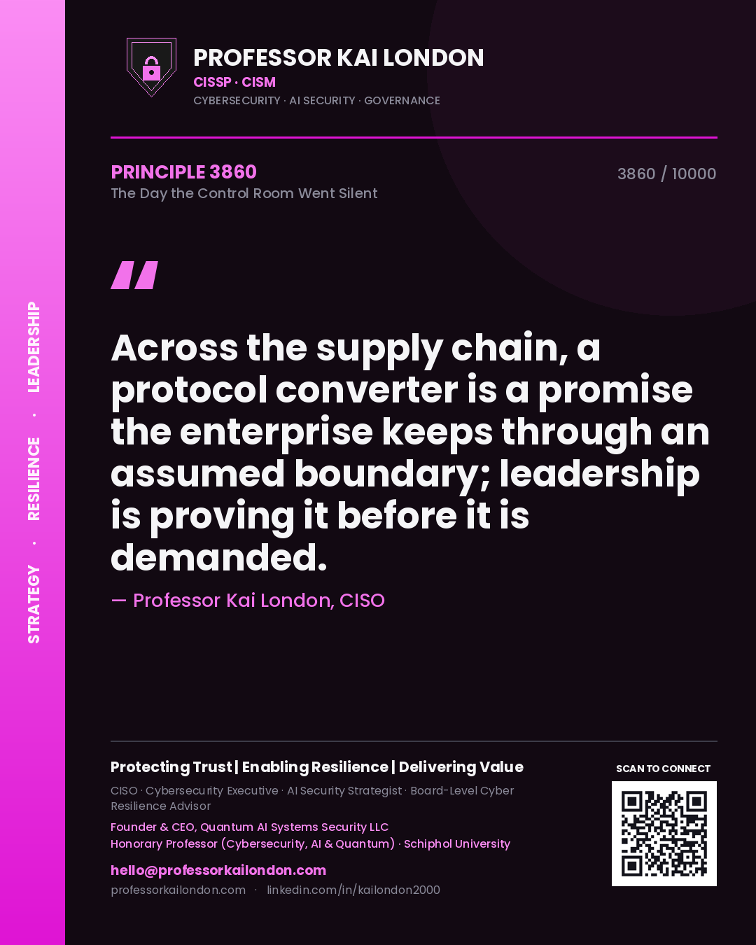 Professor Kai London principle 3860: Across the supply chain, a protocol converter is a promise the enterprise keeps through an assumed boundary; leadership is proving it before it is demanded.