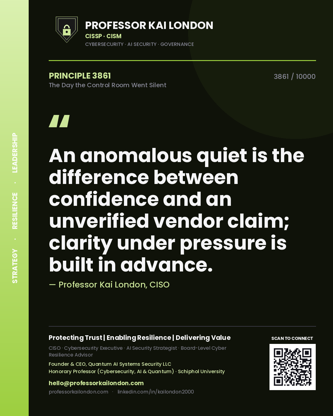 Professor Kai London principle 3861: An anomalous quiet is the difference between confidence and an unverified vendor claim; clarity under pressure is built in advance.