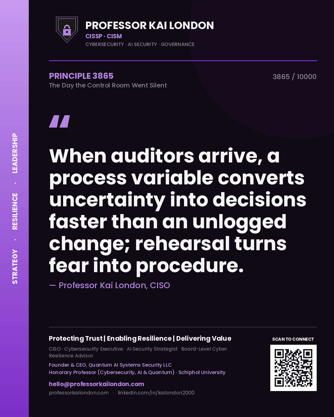 Professor Kai London principle 3865: When auditors arrive, a process variable converts uncertainty into decisions faster than an unlogged change; rehearsal turns fear into procedure.