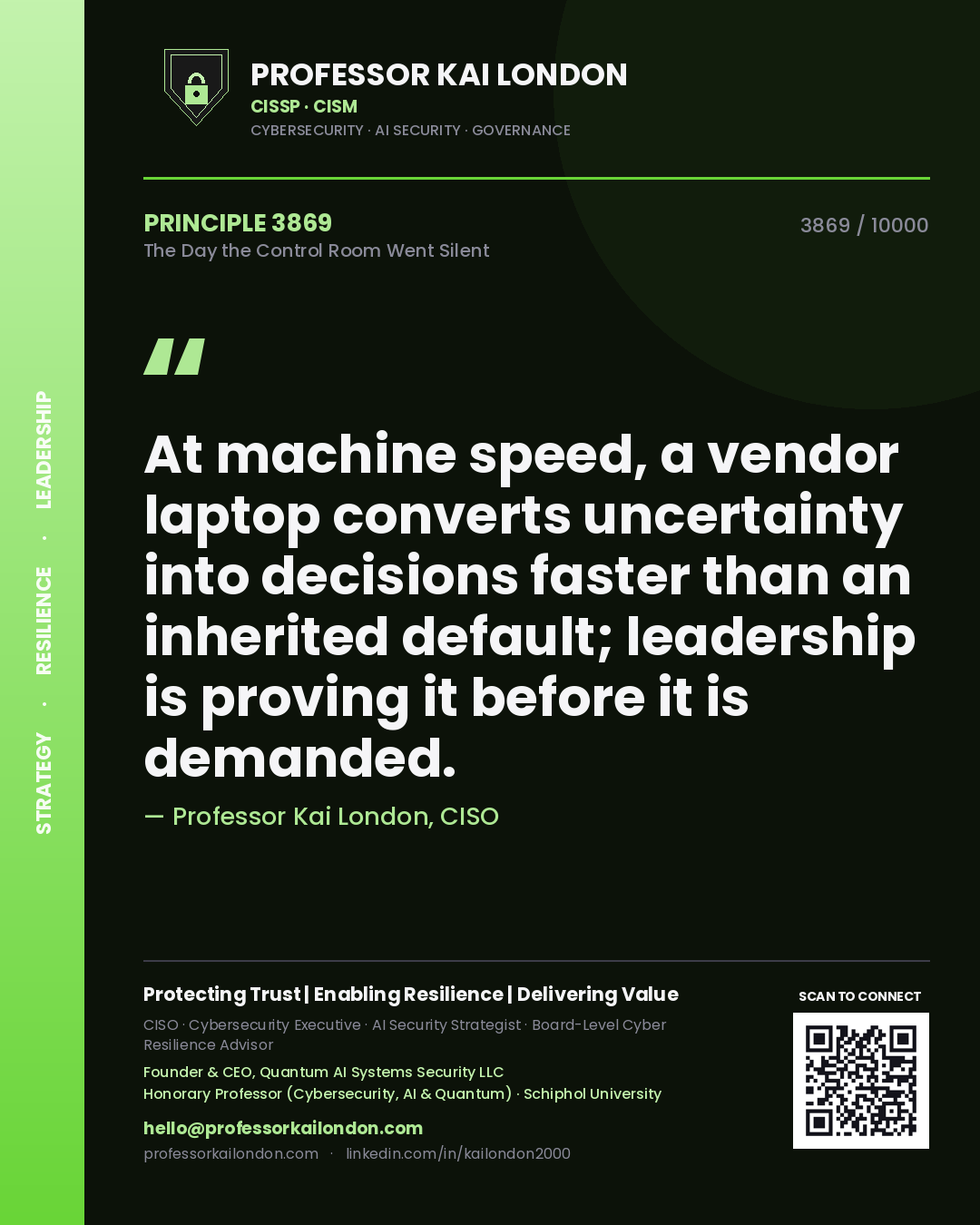 Professor Kai London principle 3869: At machine speed, a vendor laptop converts uncertainty into decisions faster than an inherited default; leadership is proving it before it is demanded.