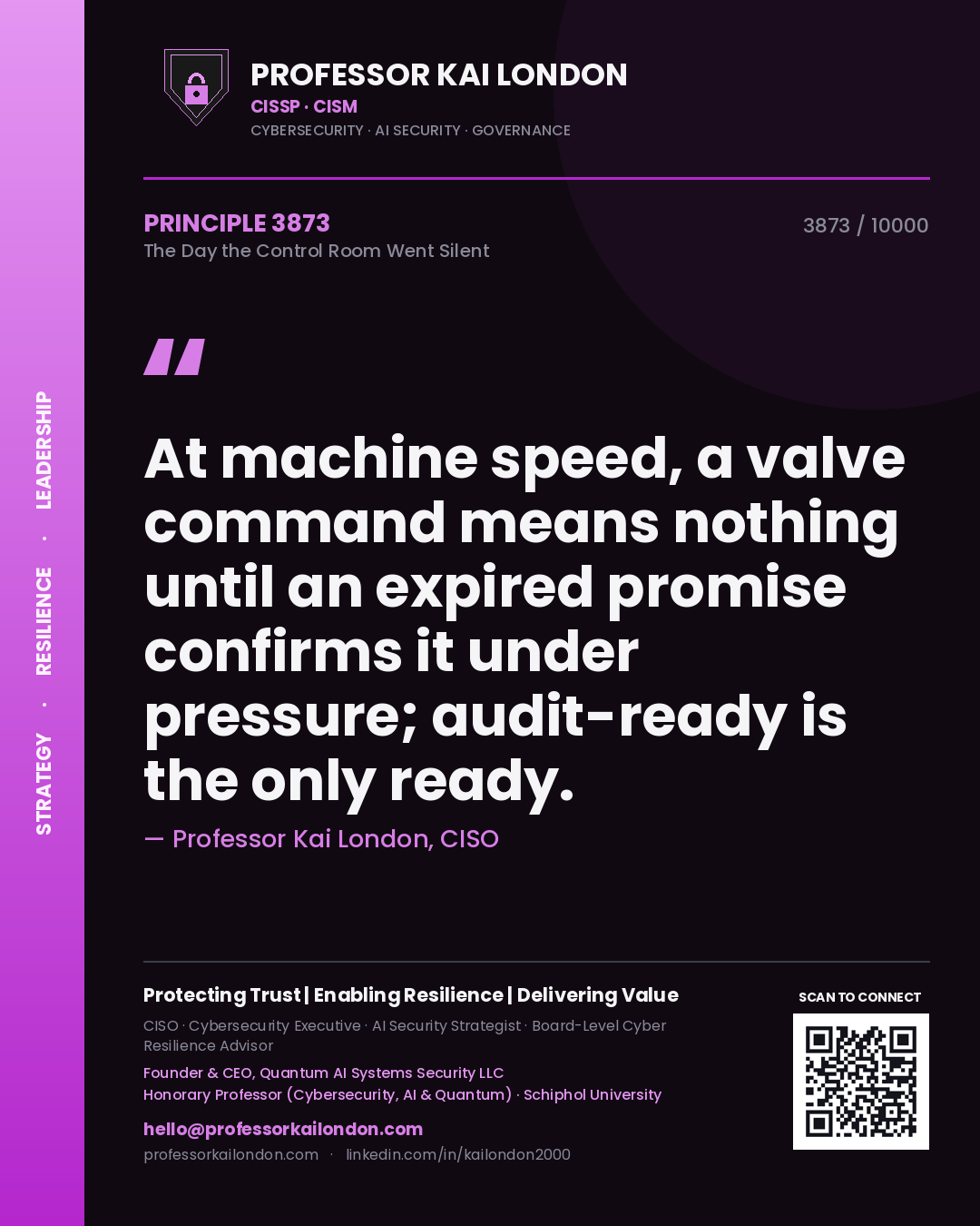 Quote card by Professor Kai London reading 'At machine speed, a valve command means nothing until an expired promise confirms it under pressure; audit-ready is the only ready.'. From the book The Day the Control Room Went Silent.