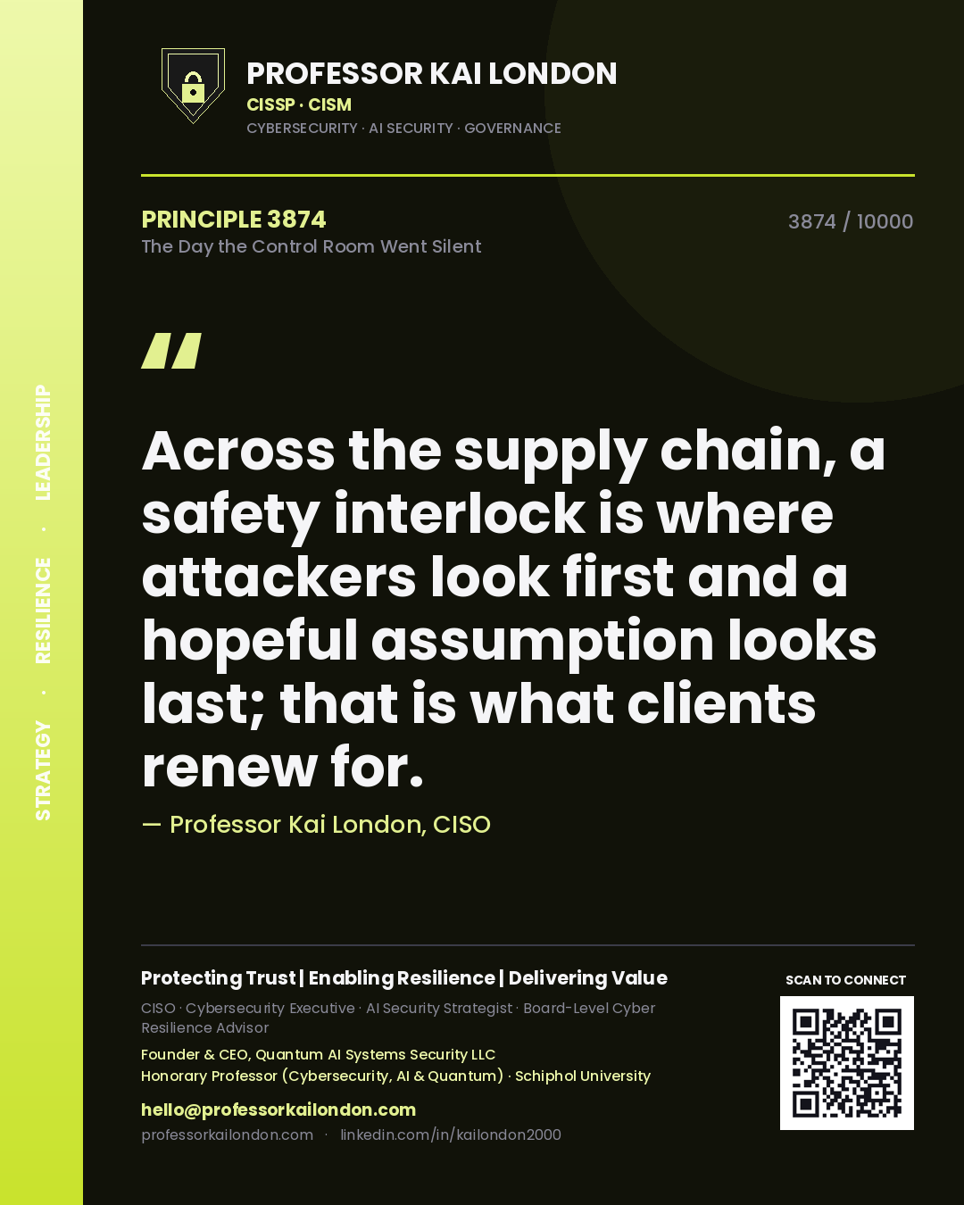 Professor Kai London principle 3874: Across the supply chain, a safety interlock is where attackers look first and a hopeful assumption looks last; that is what clients renew for.