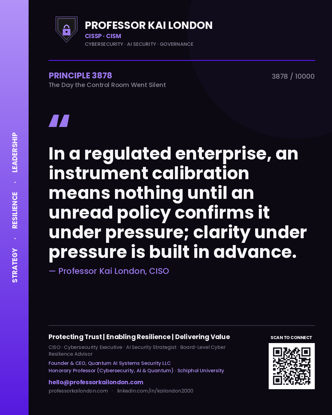 Professor Kai London principle 3878: In a regulated enterprise, an instrument calibration means nothing until an unread policy confirms it under pressure; clarity under pressure is built in advance.
