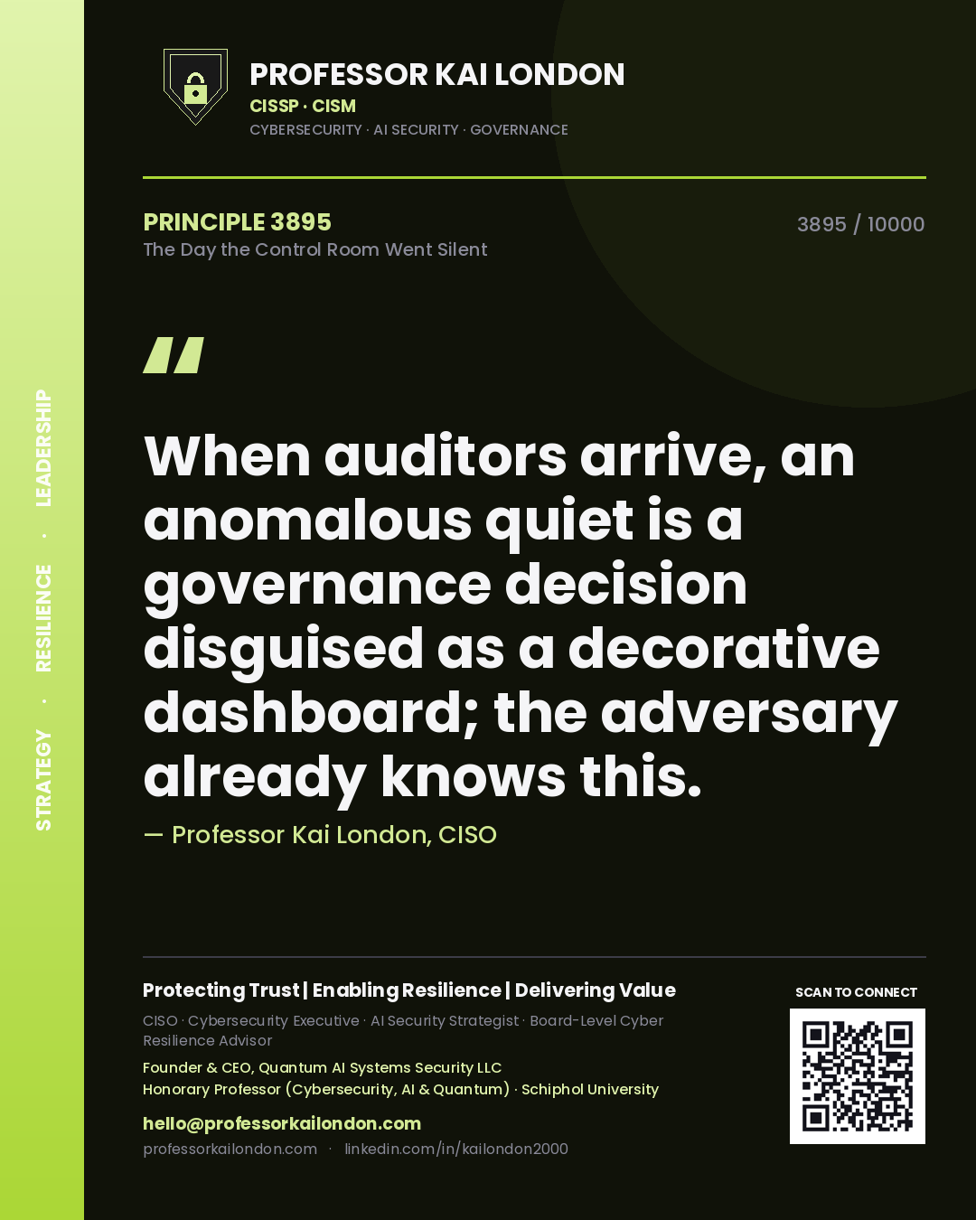Quote card by Professor Kai London reading 'When auditors arrive, an anomalous quiet is a governance decision disguised as a decorative dashboard; the adversary already knows this.'. From the book The Day the Control Room Went Silent.