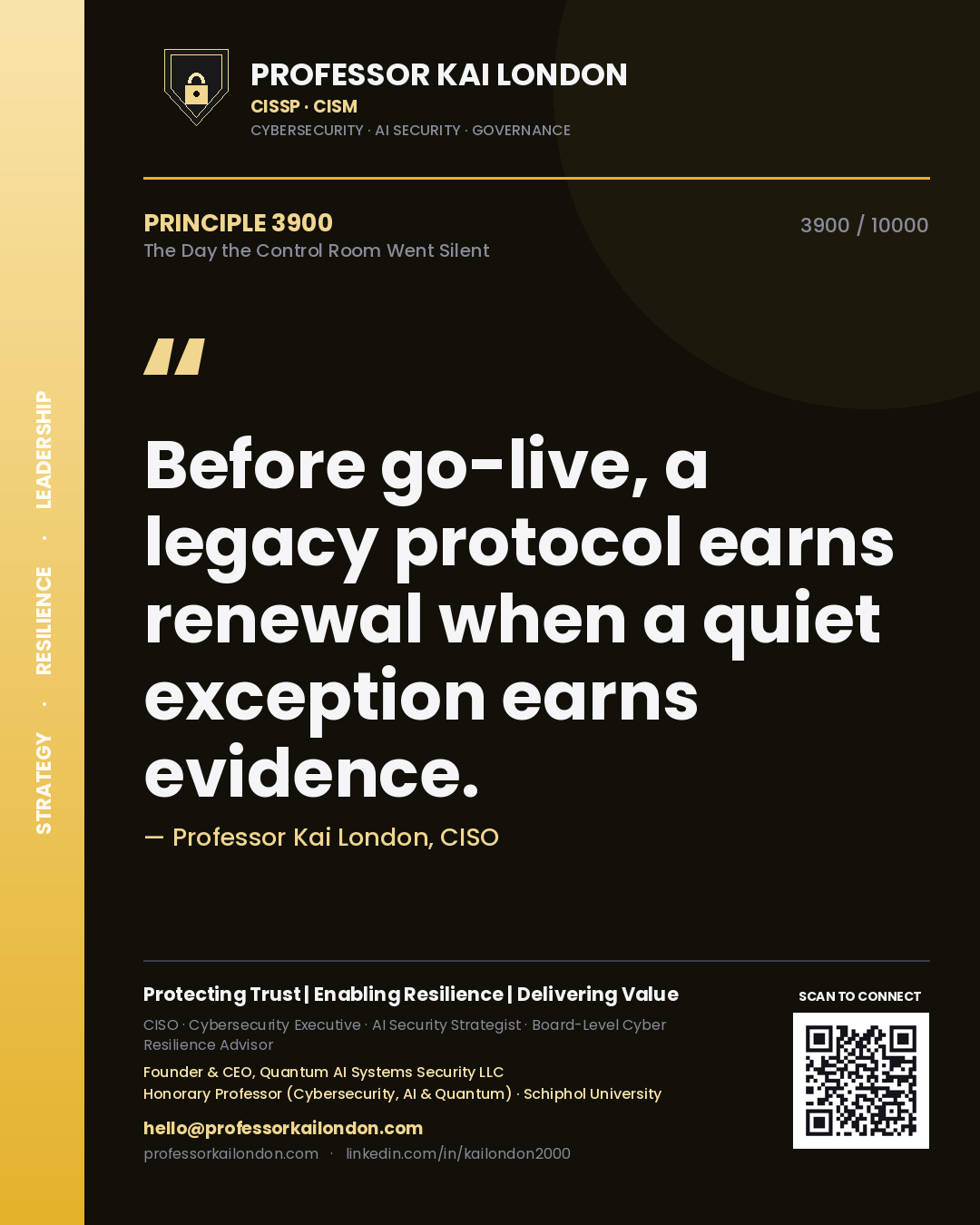 Professor Kai London principle 3900: Before go-live, a legacy protocol earns renewal when a quiet exception earns evidence.
