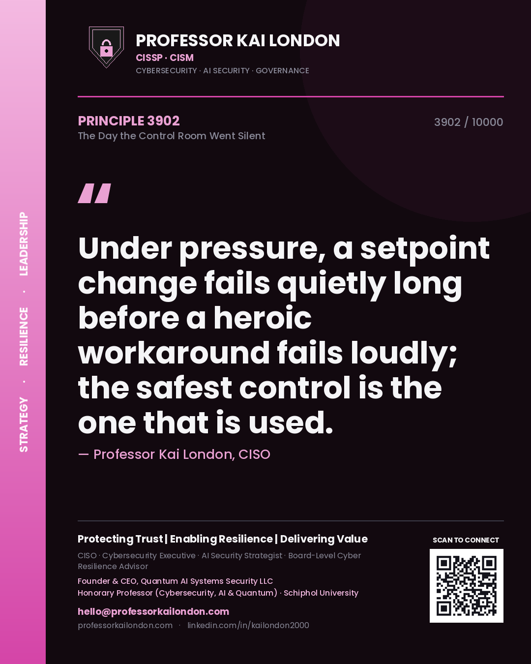 Quote card by Professor Kai London reading 'Under pressure, a setpoint change fails quietly long before a heroic workaround fails loudly; the safest control is the one that is used.'. From the book The Day the Control Room Went Silent.