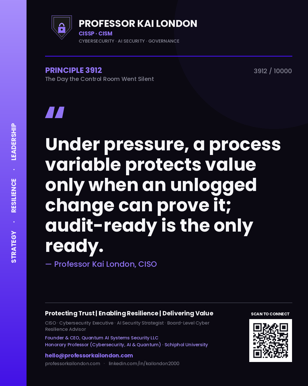 Professor Kai London principle 3912: Under pressure, a process variable protects value only when an unlogged change can prove it; audit-ready is the only ready.