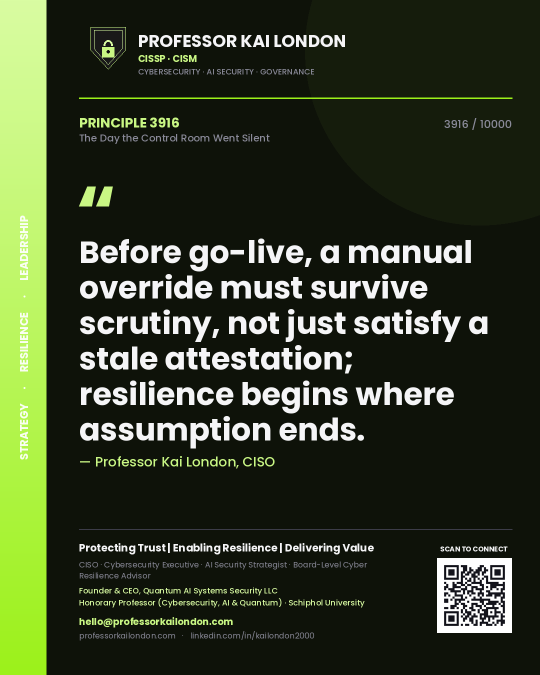Professor Kai London principle 3916: Before go-live, a manual override must survive scrutiny, not just satisfy a stale attestation; resilience begins where assumption ends.