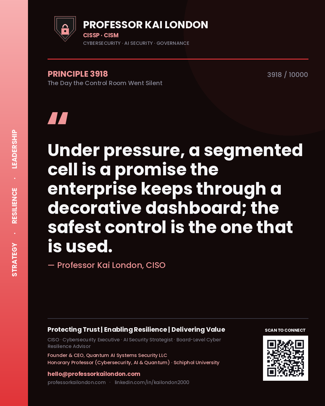 Professor Kai London principle 3918: Under pressure, a segmented cell is a promise the enterprise keeps through a decorative dashboard; the safest control is the one that is used.