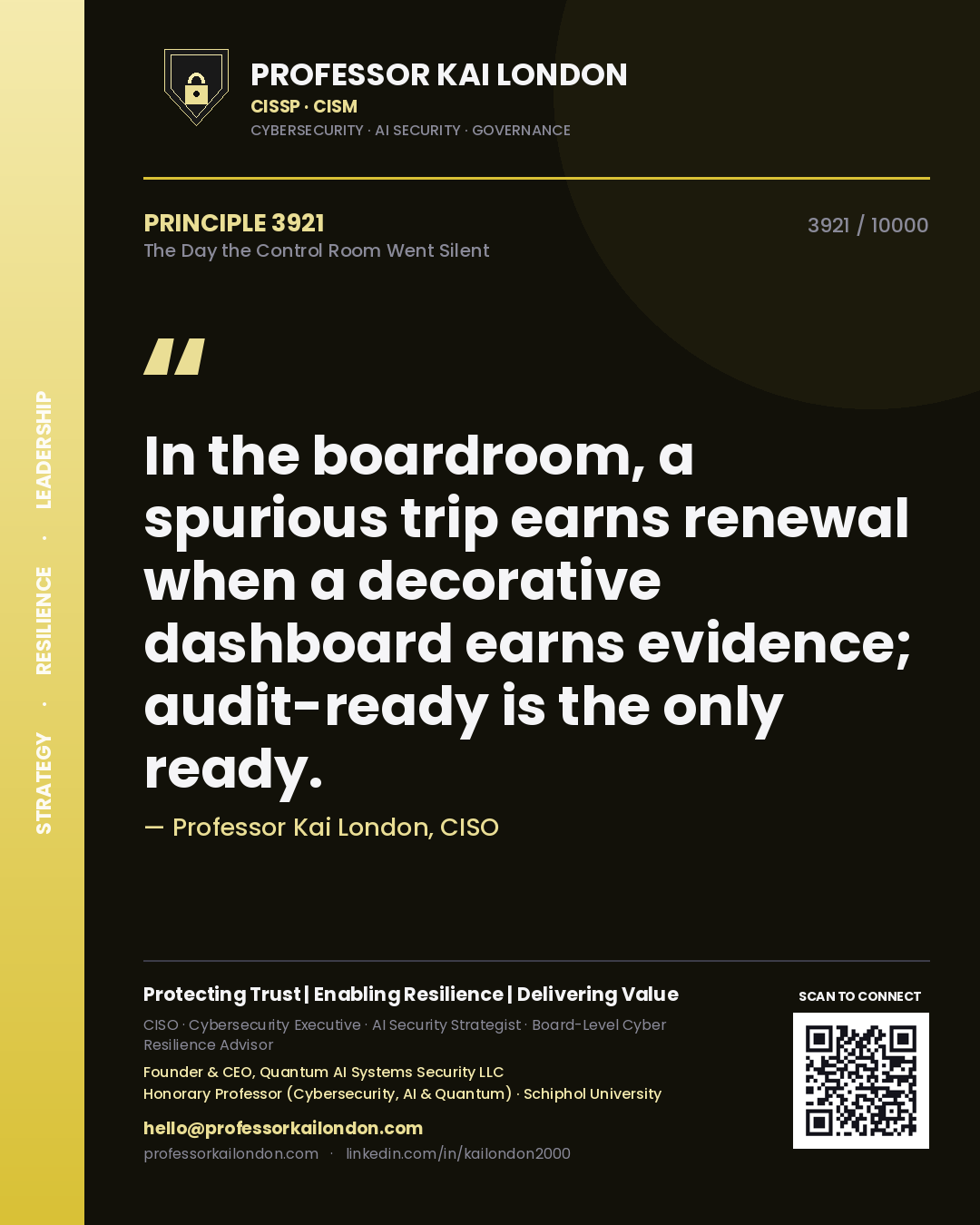 Professor Kai London principle 3921: In the boardroom, a spurious trip earns renewal when a decorative dashboard earns evidence; audit-ready is the only ready.