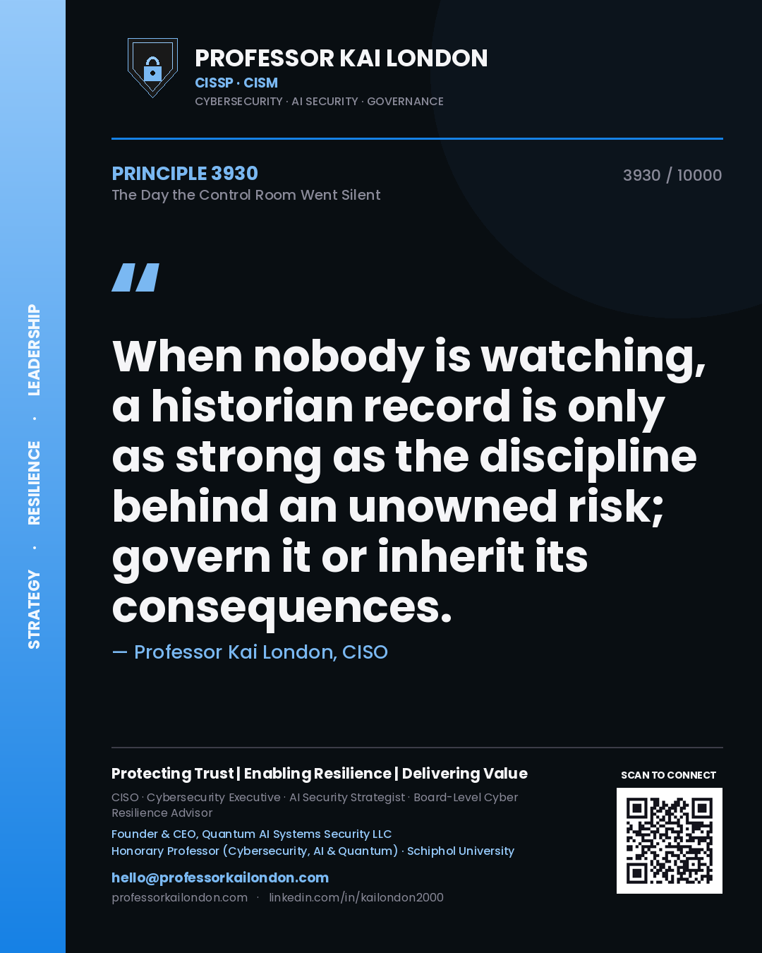 Professor Kai London principle 3930: When nobody is watching, a historian record is only as strong as the discipline behind an unowned risk; govern it or inherit its consequences.