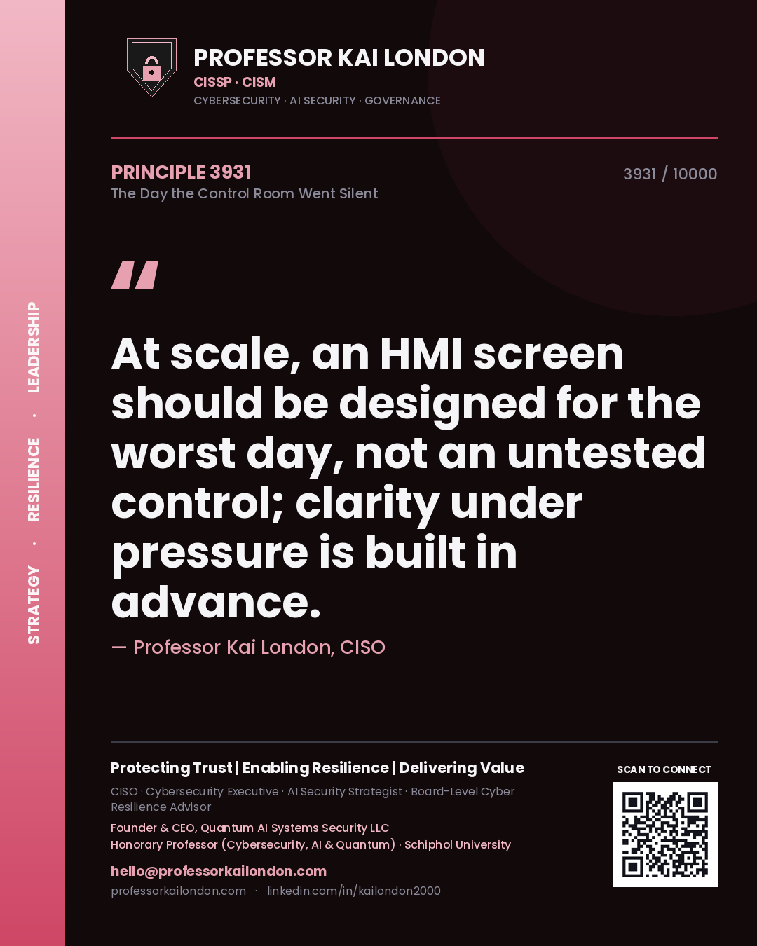 Professor Kai London principle 3931: At scale, an HMI screen should be designed for the worst day, not an untested control; clarity under pressure is built in advance.