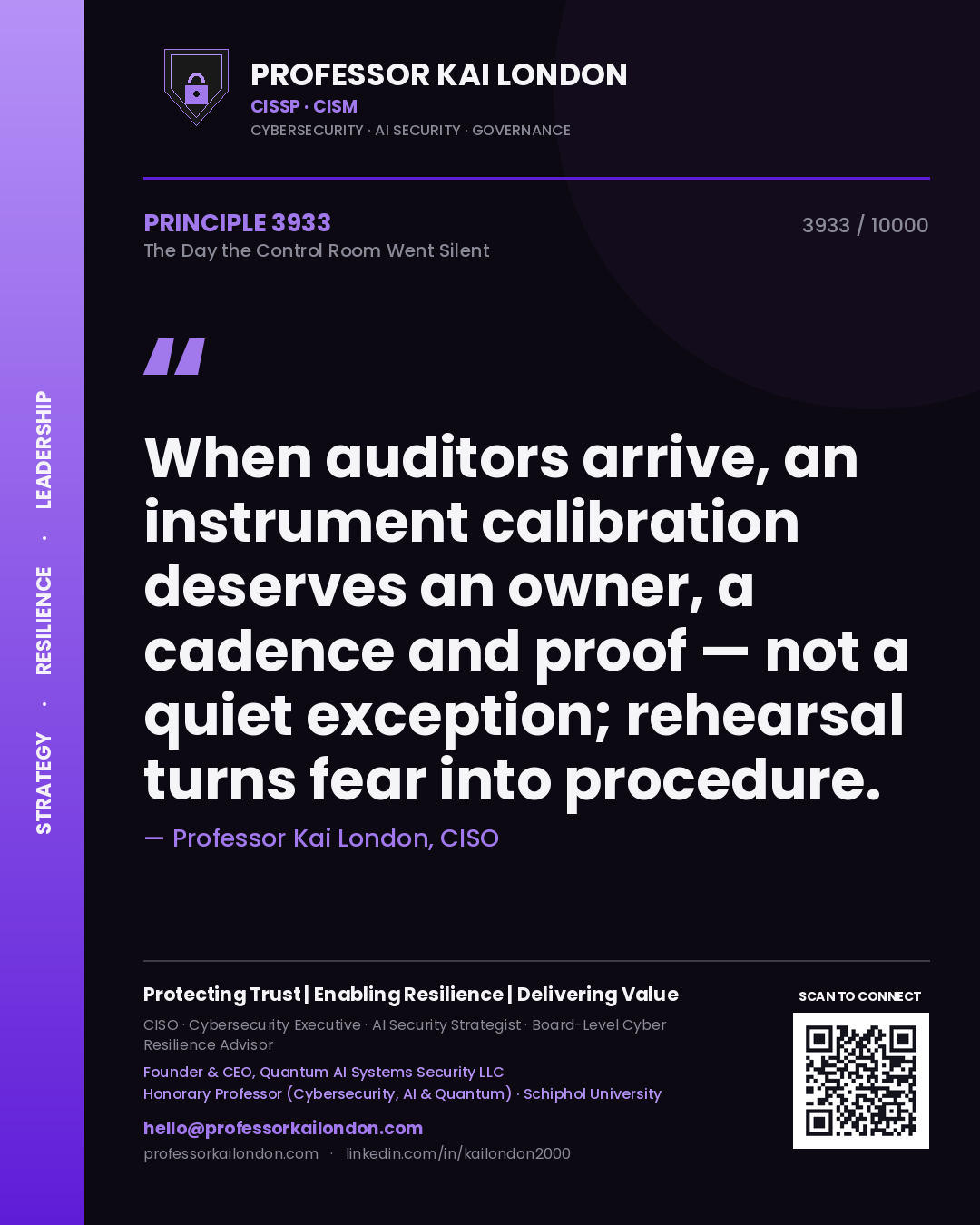 Professor Kai London principle 3933: When auditors arrive, an instrument calibration deserves an owner, a cadence and proof — not a quiet exception; rehearsal turns fear into procedure.