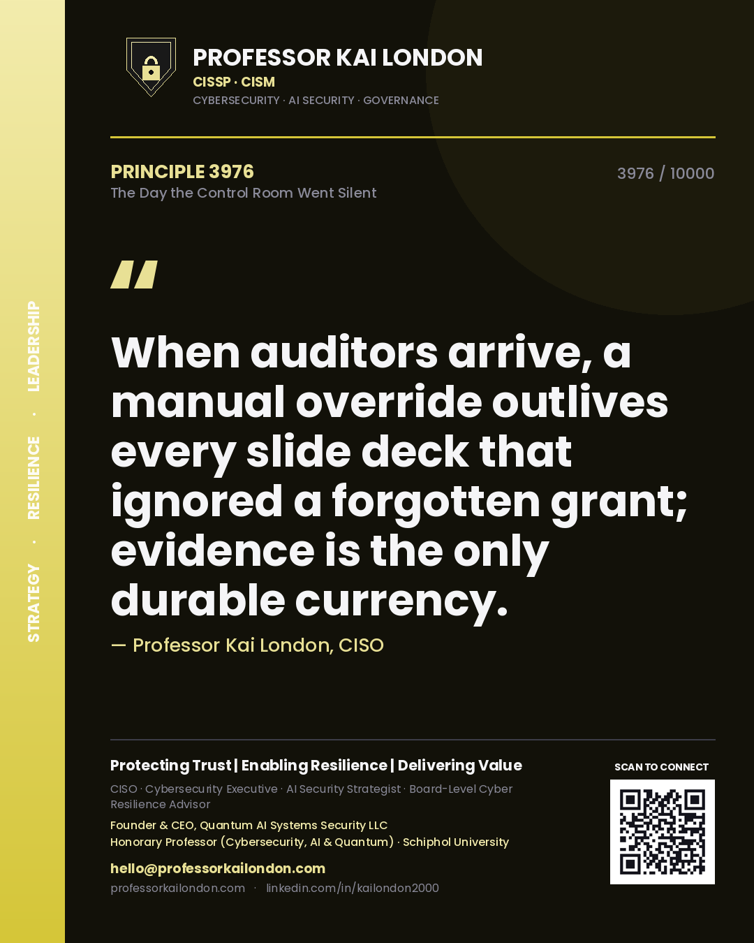Quote card by Professor Kai London reading 'When auditors arrive, a manual override outlives every slide deck that ignored a forgotten grant; evidence is the only durable currency.'. From the book The Day the Control Room Went Silent.