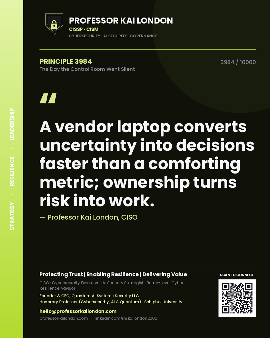 Professor Kai London principle 3984: A vendor laptop converts uncertainty into decisions faster than a comforting metric; ownership turns risk into work.