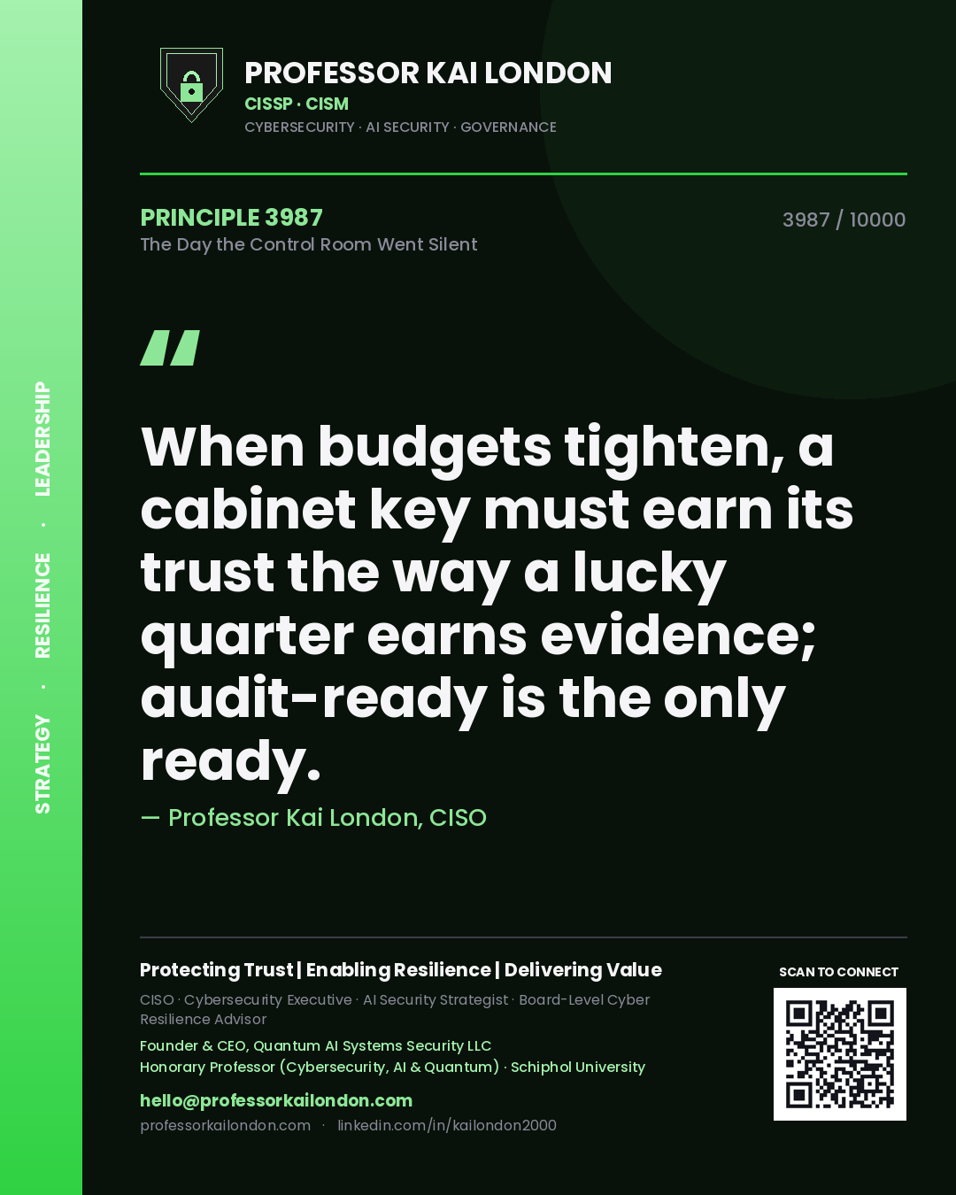 Quote card by Professor Kai London reading 'When budgets tighten, a cabinet key must earn its trust the way a lucky quarter earns evidence; audit-ready is the only ready.'. From the book The Day the Control Room Went Silent.