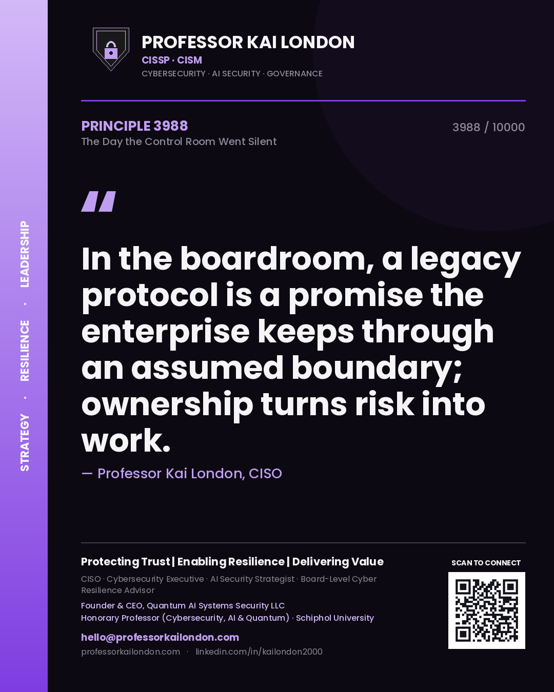Professor Kai London principle 3988: In the boardroom, a legacy protocol is a promise the enterprise keeps through an assumed boundary; ownership turns risk into work.