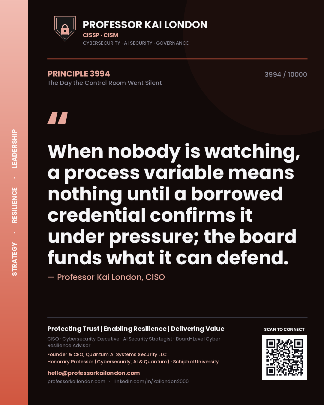 Quote card by Professor Kai London reading 'When nobody is watching, a process variable means nothing until a borrowed credential confirms it under pressure; the board funds what it can defend.'. From the book The Day the Control Room Went Silent.