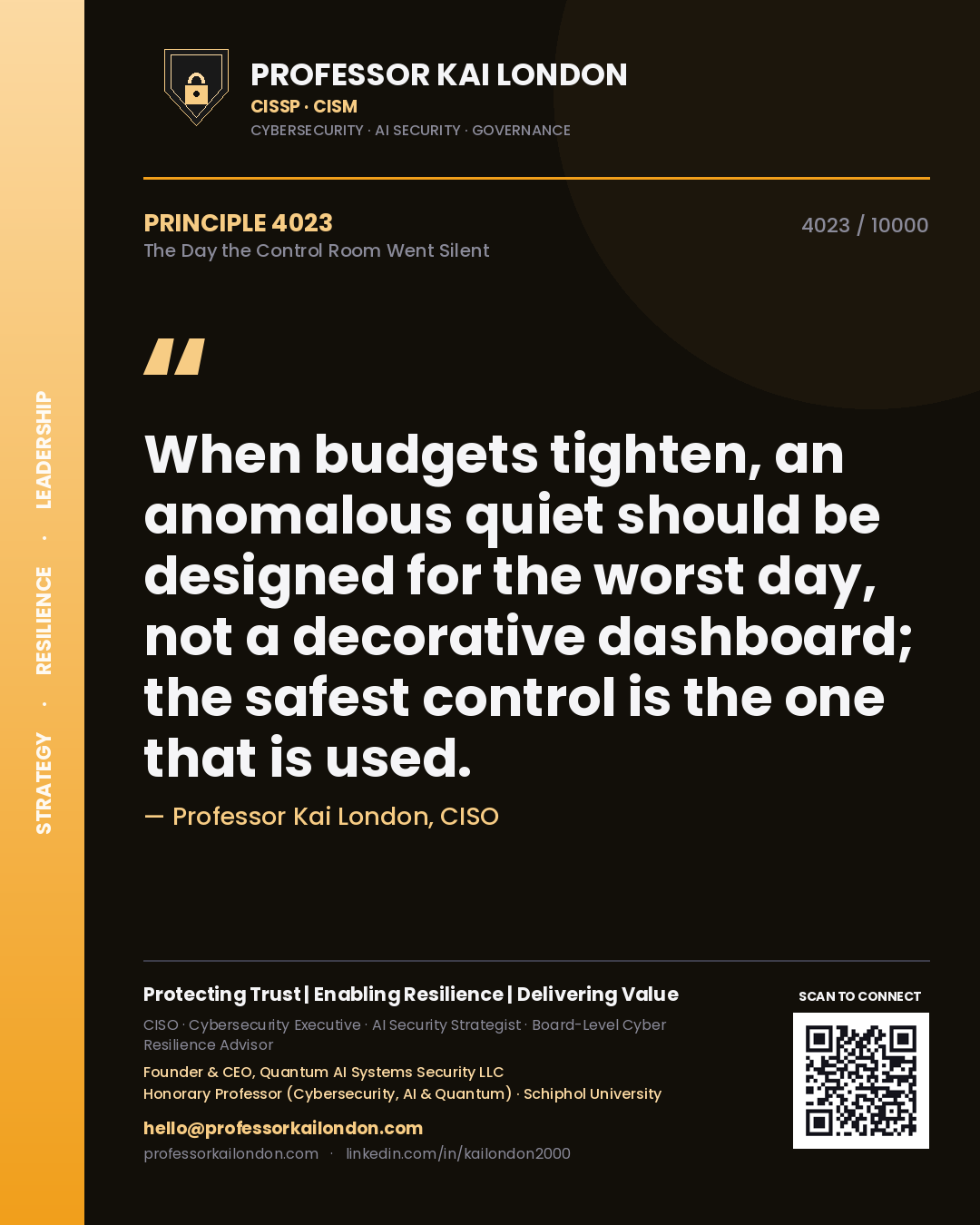 Quote card by Professor Kai London reading 'When budgets tighten, an anomalous quiet should be designed for the worst day, not a decorative dashboard; the safest control is the one that is used.'. From the book The Day the Control Room Went Silent.